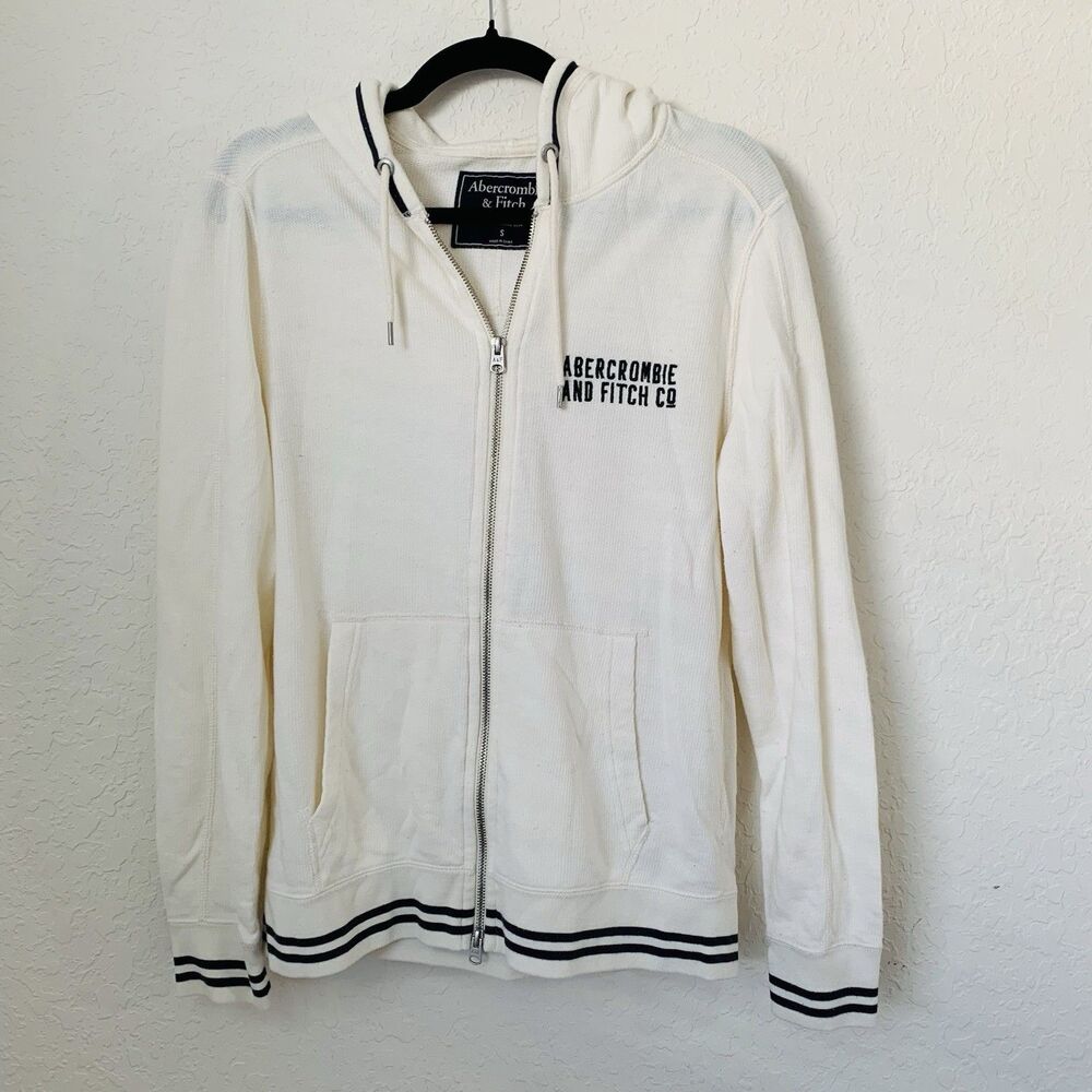 Abercrombie Fitch Zip Hoodie Mens Small Cream Waffle Knit Preppy Coastal Sporty
